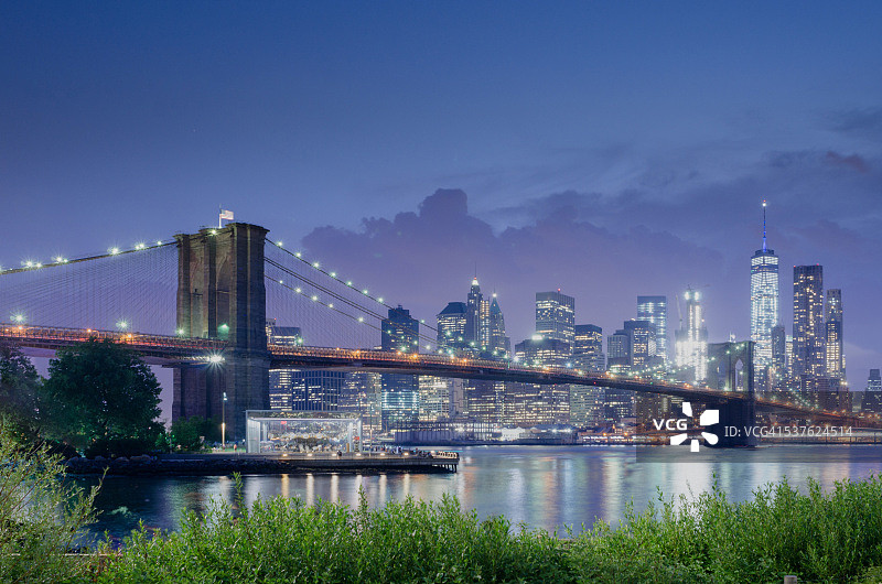 纽约市与布鲁克林大桥日落天际线图片素材
