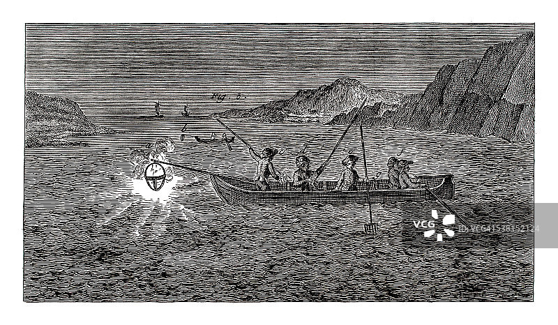 1771年古董插画上的咸水捕鱼业图片素材