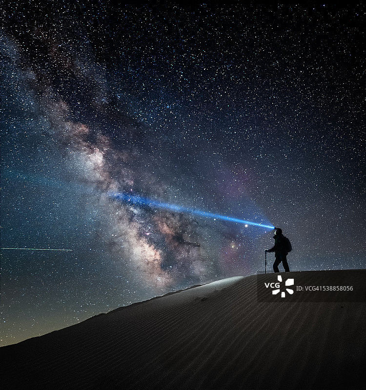 男子站在沙丘上，以银河为背景，头戴头灯图片素材