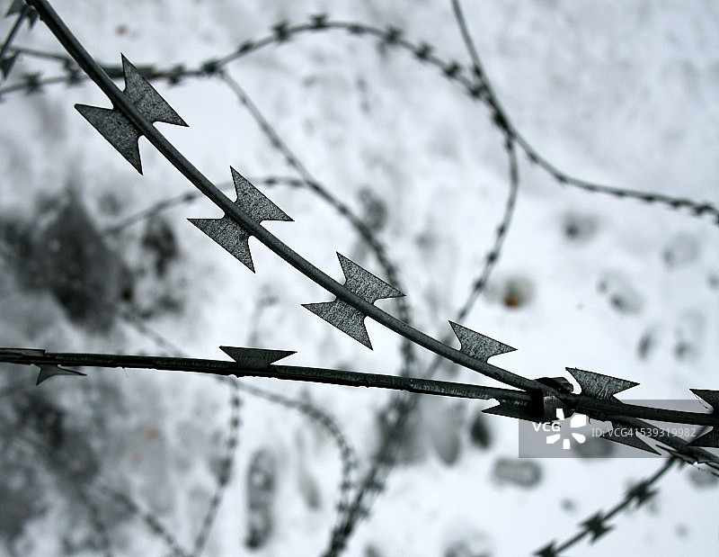 雪地背景下的铁丝网细节图片素材