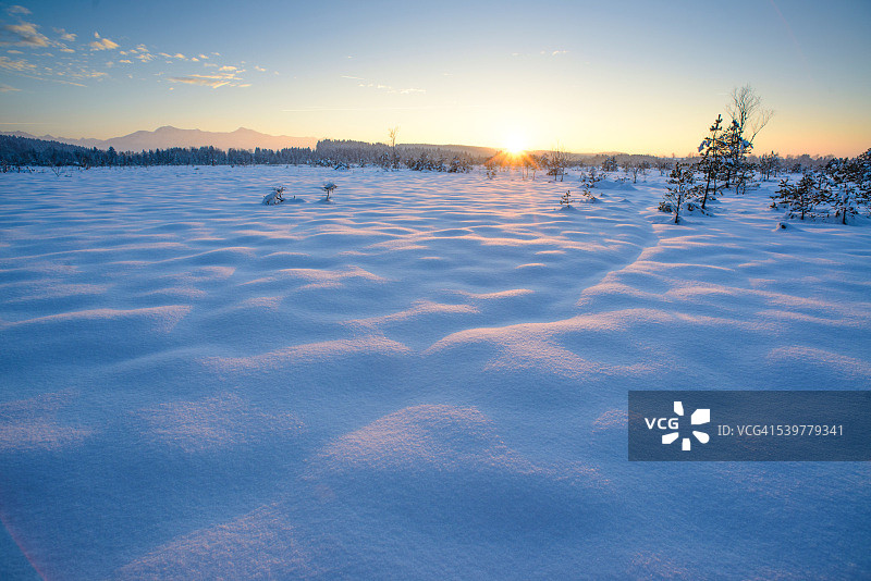 冬季巴伐利亚雪地沼泽日落图片素材