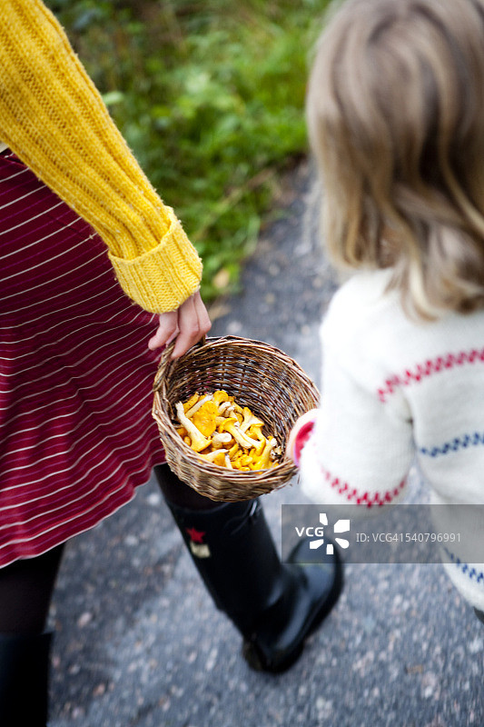 母亲和孩子提着装满蘑菇的篮子图片素材