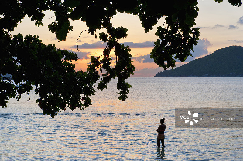 塞舌尔日落海中涉水的女人剪影图片素材