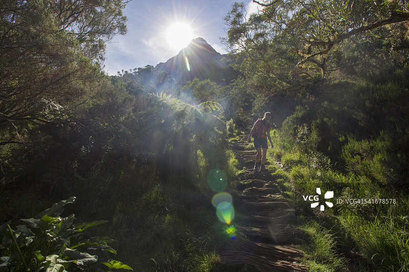 在留尼汪岛Mafate冰斗中徒步的女孩图片素材