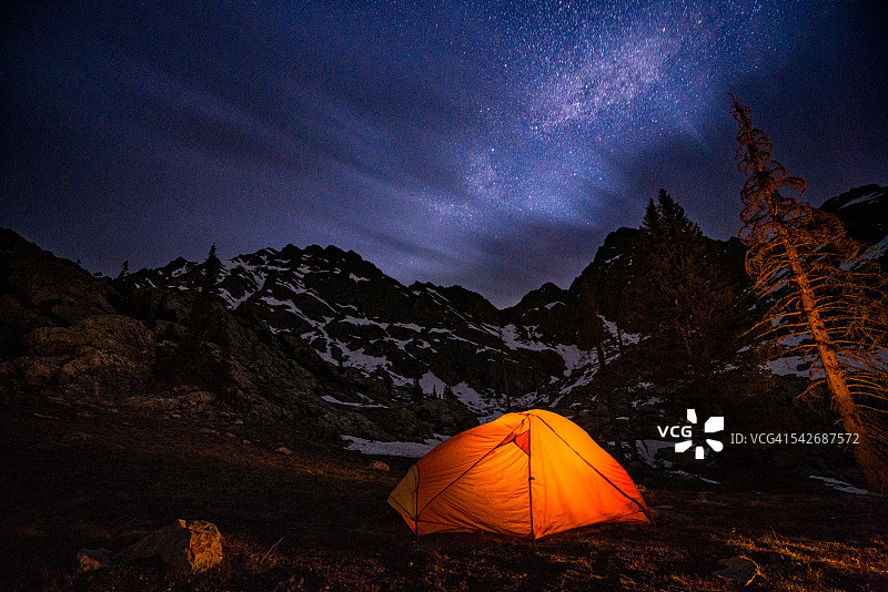 夜晚星空下发光的帐篷背包图片素材