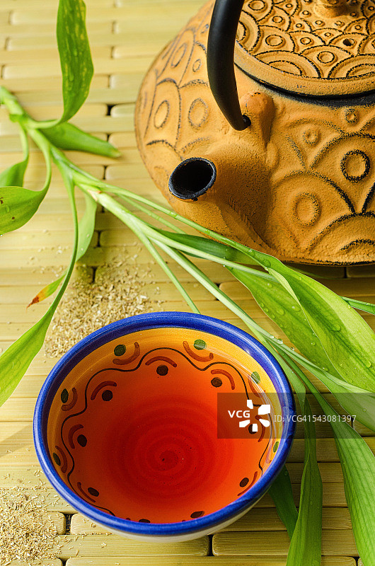 茶和竹叶茶壶图片素材
