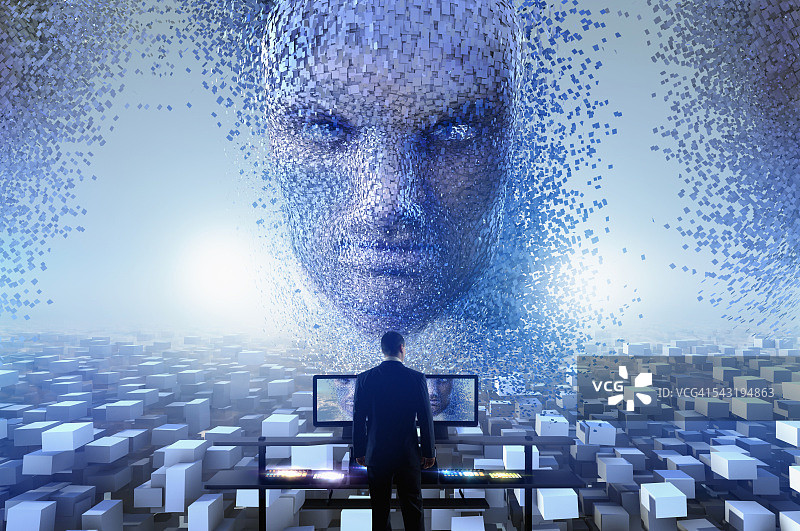 保安人员观看云块在天空形成人脸图片素材