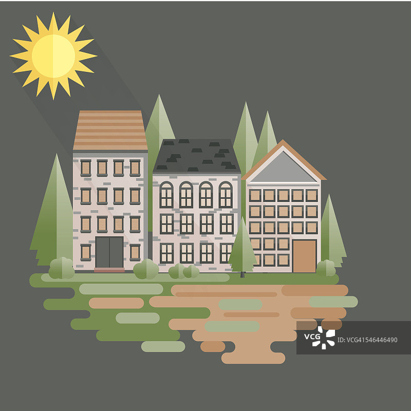 扁平风格房屋与树木图片素材