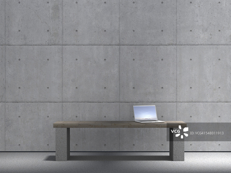 混凝土墙前长椅上的笔记本电脑（3D渲染）图片素材