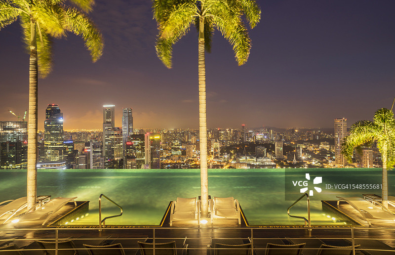 新加坡滨海湾金沙酒店无边泳池与城市夜景图片素材