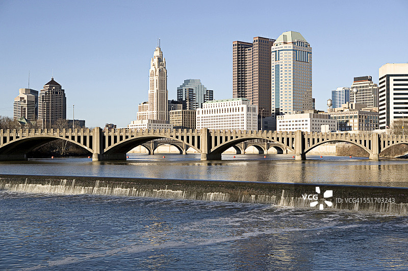 带有瀑布的赛欧托河与美国俄亥俄州哥伦布市天际线图片素材