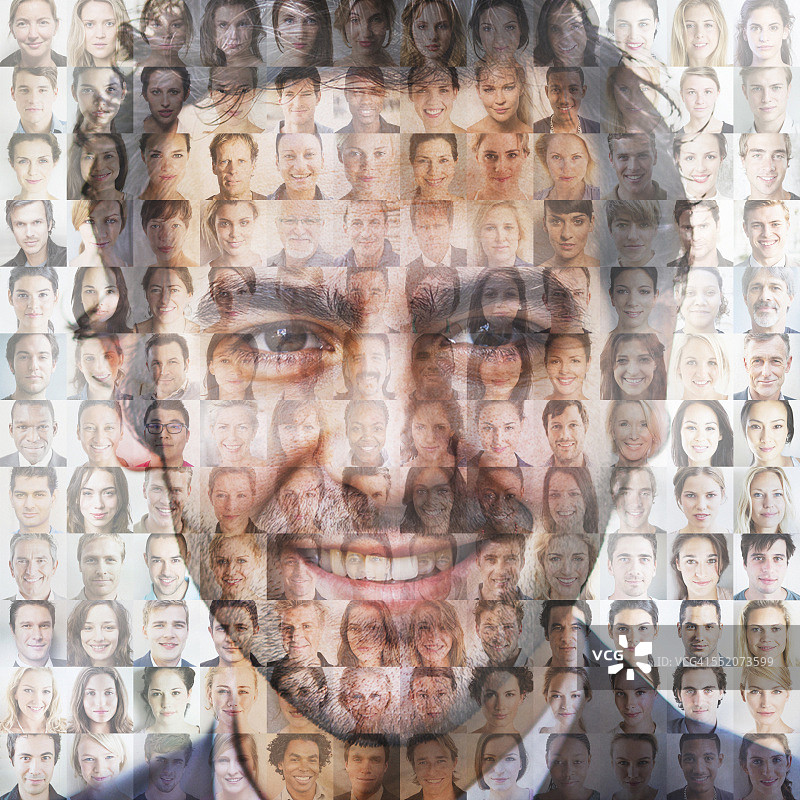 男人脸部叠加在人脸马赛克上图片素材