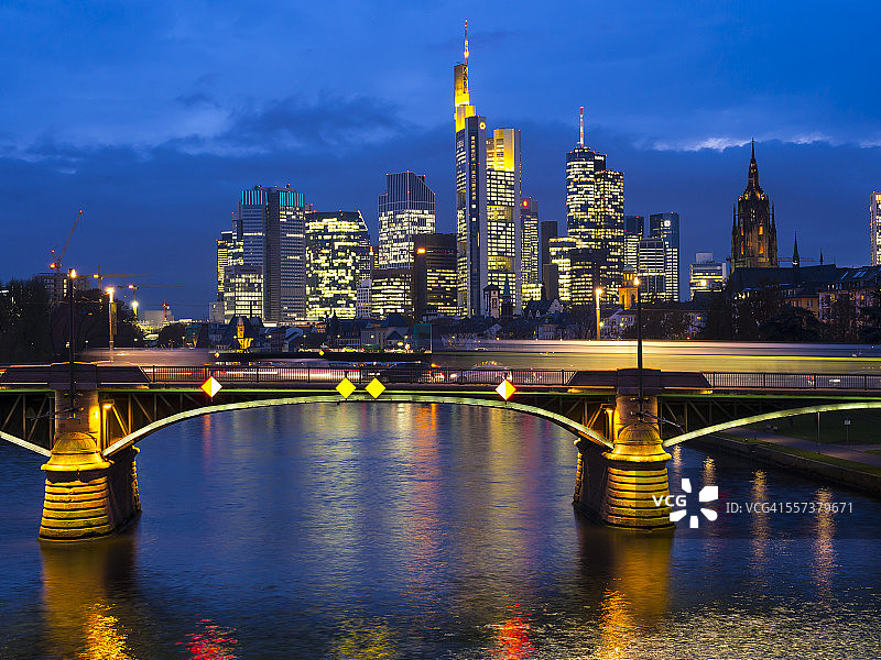 德国法兰克福：美因河与伊格纳茨·布比斯桥，金融区天际线背景图片素材