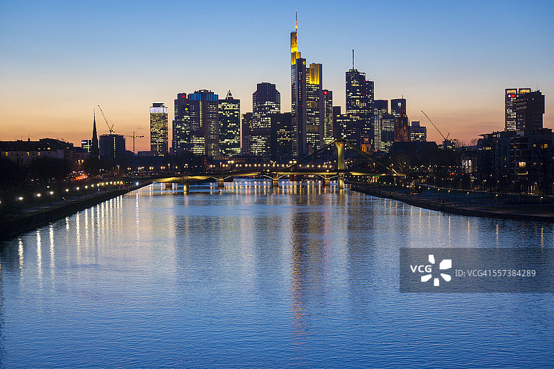 德国法兰克福：美因河与伊格纳茨·布比斯桥，金融区天际线背景图片素材