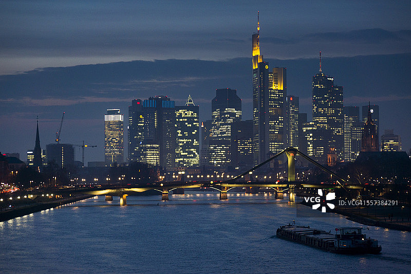 德国法兰克福：美因河与伊格纳茨·布比斯桥，金融区天际线背景图片素材