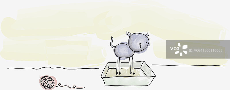 猫咪站在箱子里，旁边放着一团毛线图片素材