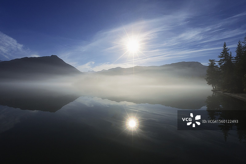 清晨的门登霍尔湖薄雾，位于阿拉斯加朱诺市通加斯国家森林图片素材