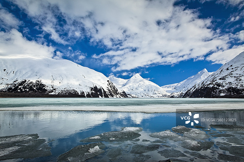 楚加奇国家森林半冰冻搬运湖上积雪覆盖的山峰倒影图片素材