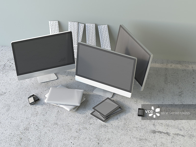 电脑屏幕、键盘、笔记本电脑、平板电脑和智能手机拼盘3D渲染图片素材
