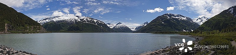 阿拉斯加中南部波塔基山谷波塔基湖及周边山脉和冰川全景，夏季图片素材