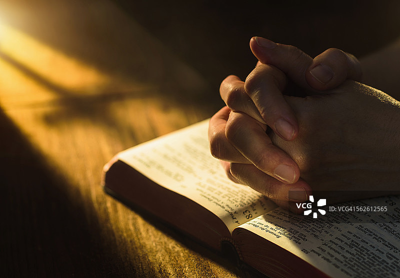 特写：手捧打开的圣经图片素材