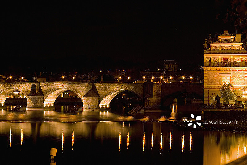 捷克布拉格伏尔塔瓦河查理大桥夜景图片素材