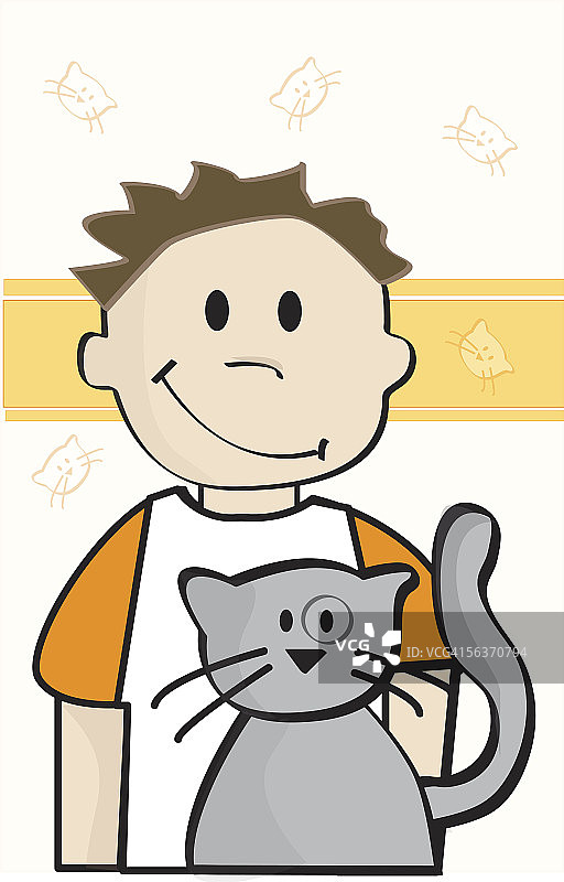 男孩和猫站在一起图片素材