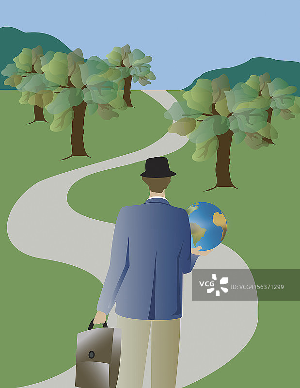 商人站在路上手持地球仪的背影图片素材