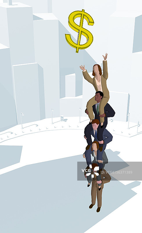 一群商务主管坐在彼此的上面，伸手去拿美元符号图片素材