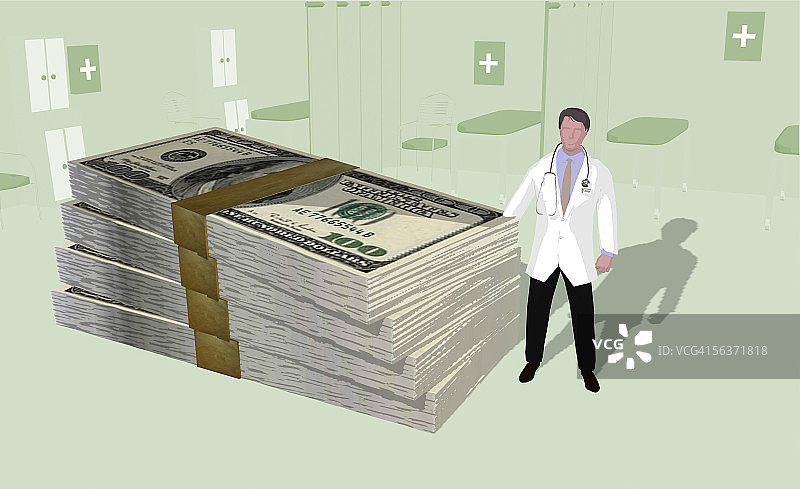 俯视一位站在成捆钞票旁的医生图片素材