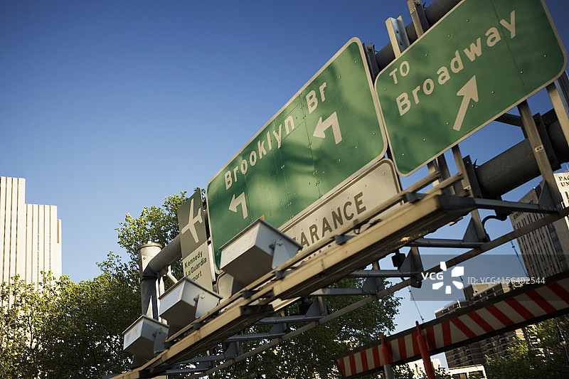 通往布鲁克林大桥和百老汇的纽约市路标，纽约，美国图片素材