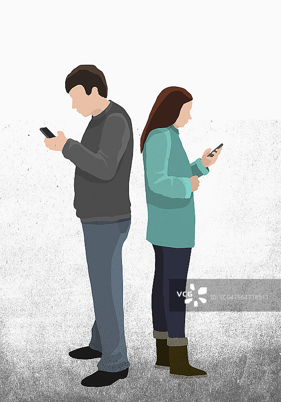 朋友们通过手机发短信的插画（背靠背站立，白色背景）图片素材