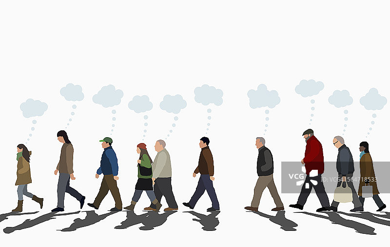 人们带着想法在晴朗的天空下走在街上的插图图片素材