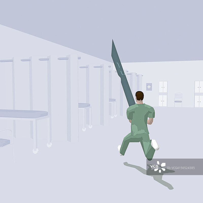 一位外科医生拿着一把大手术刀奔跑的背影图片素材