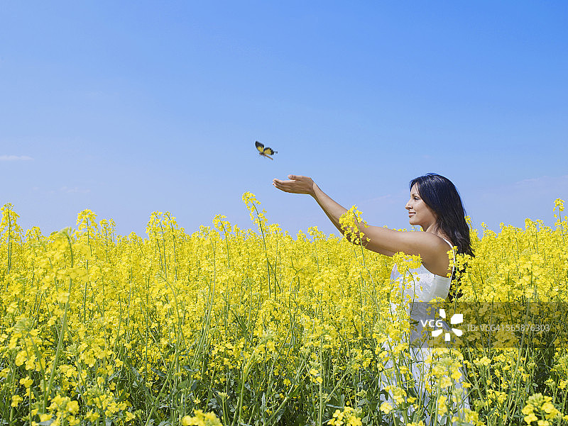 印度女人在花海中伸手抓蝴蝶图片素材