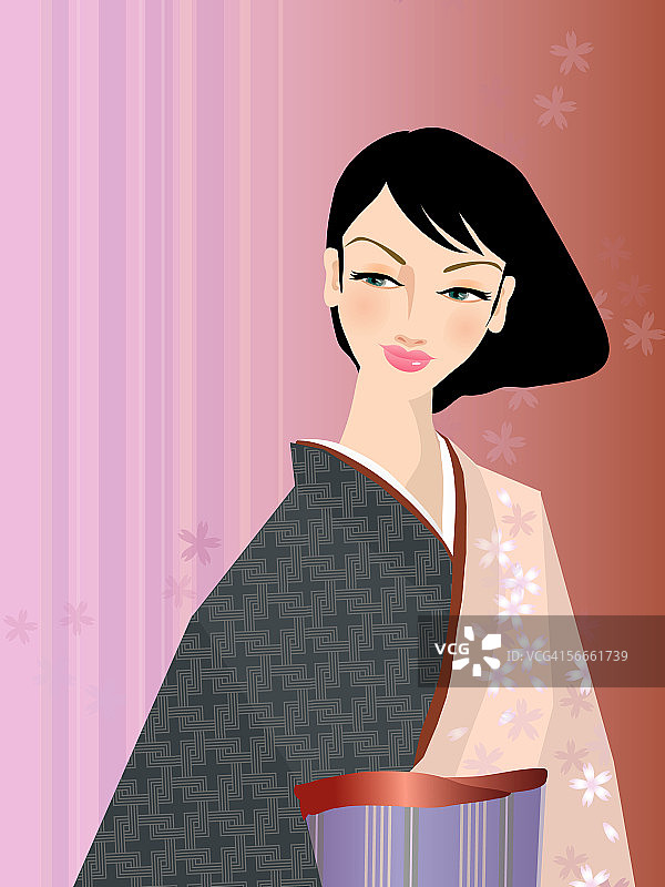 年轻女子身穿和服特写图片素材