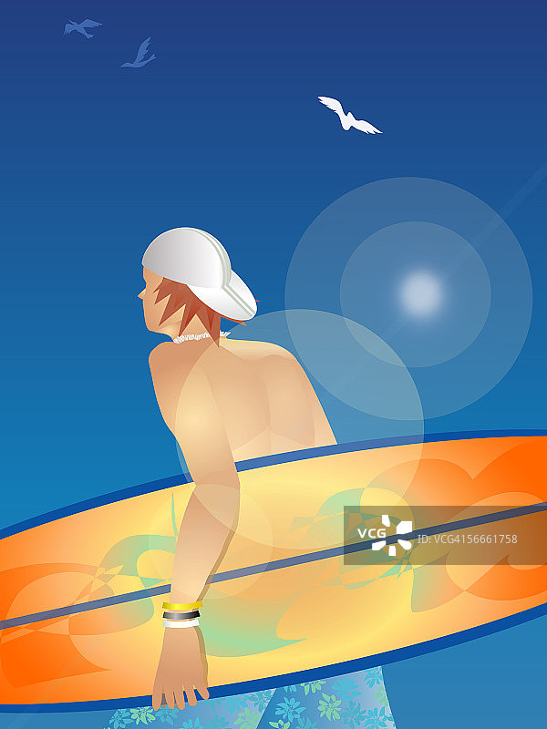 年轻男子手持冲浪板的背影图片素材