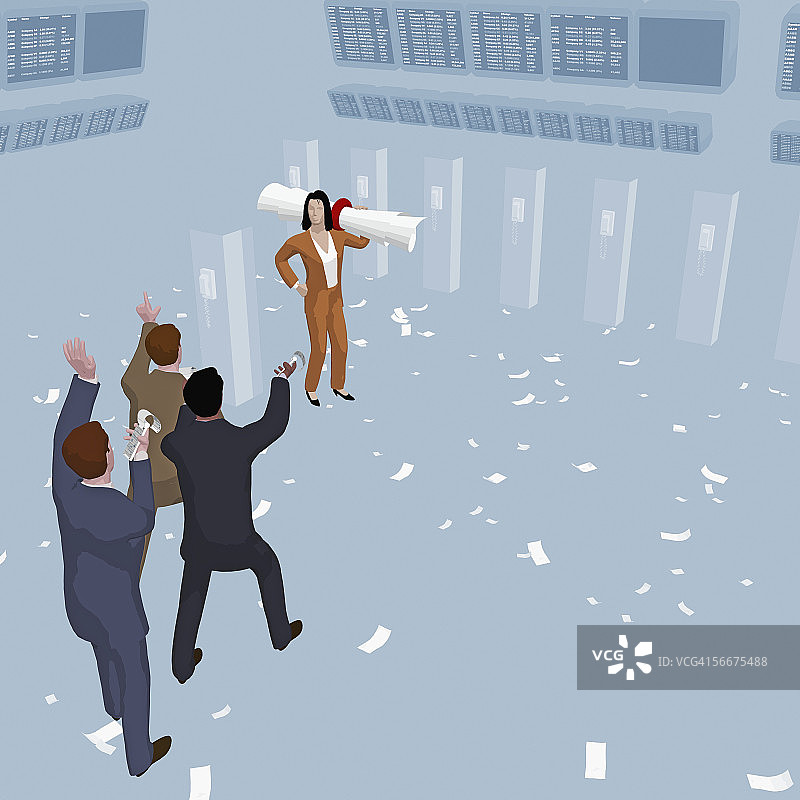 三位商务男士向手持股票凭证的商务女士举手致意图片素材