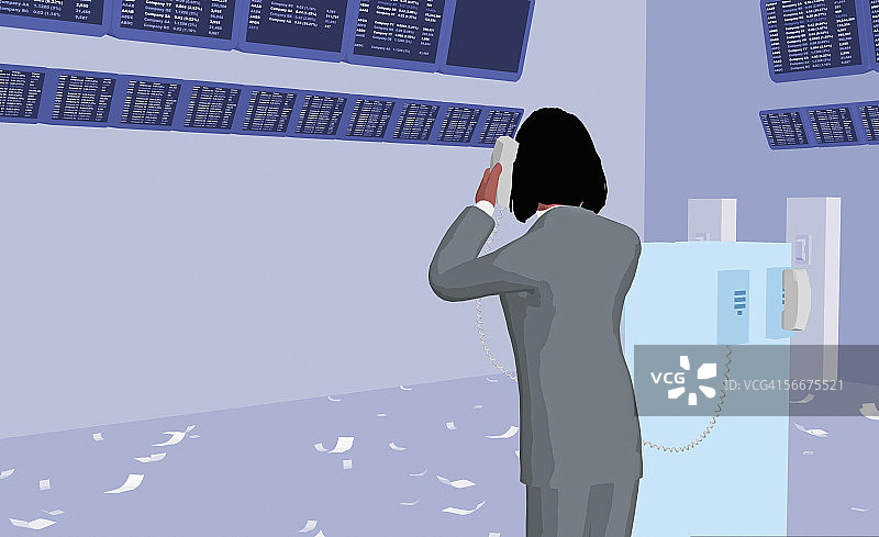 在证券交易所打电话的女商人背影图片素材