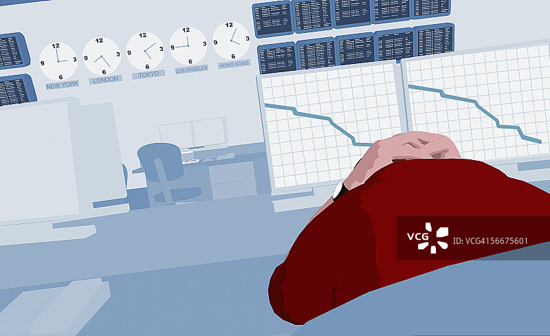 商务男士在证券交易所垂头而坐的背影图片素材