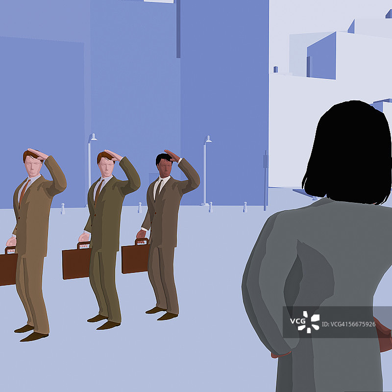 三位男商人站成一排，看着一位女商人图片素材