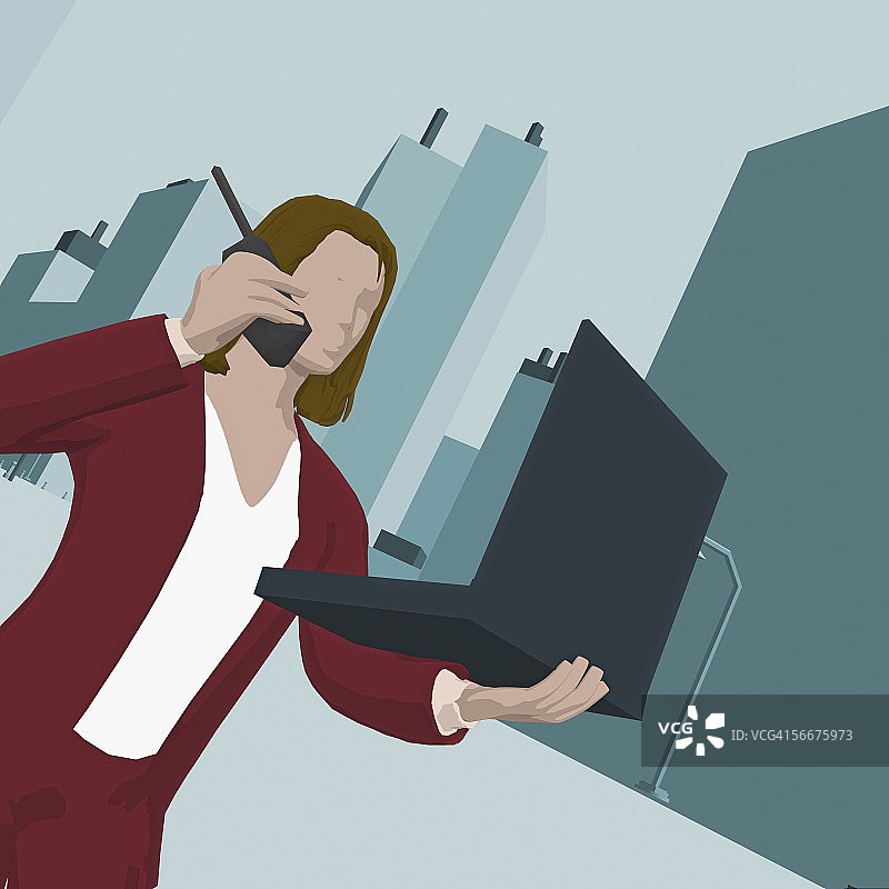 女商人手持笔记本电脑用无绳电话交谈图片素材