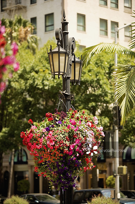 美国加利福尼亚州洛杉矶罗迪欧大道上的华丽街灯图片素材