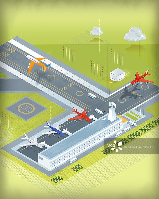2.5D机场跑道飞机起降场景图片素材