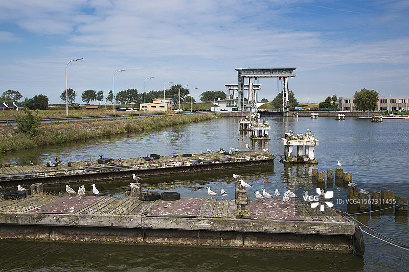 木制码头和圣乔里斯斯卢伊斯水闸上的海鸟图片素材