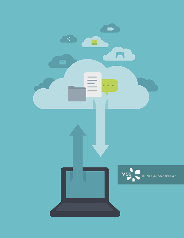 带有箭头符号的笔记本电脑在空中，代表云计算图片素材