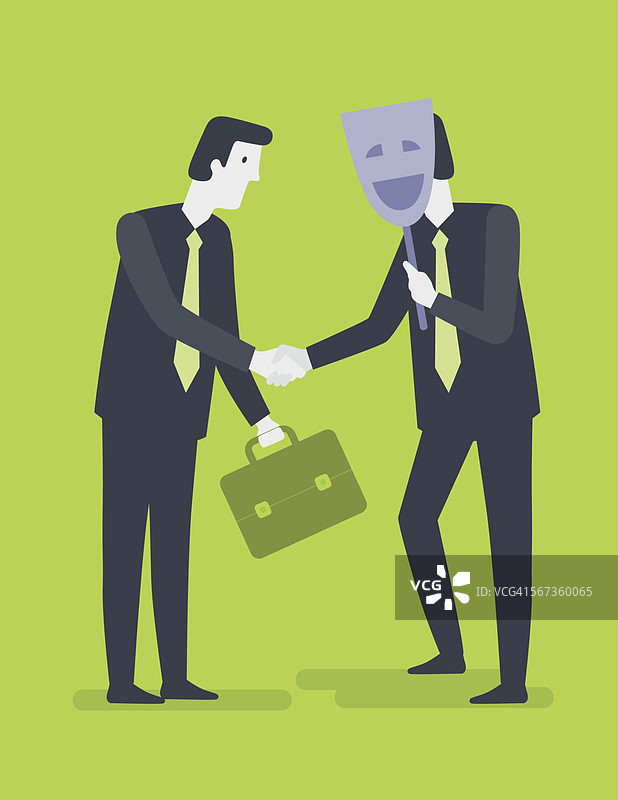 商人与面具后的伙伴握手图片素材