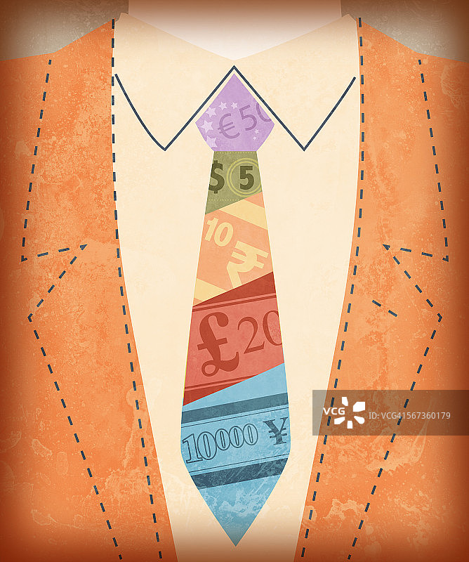 领带上印有国际货币符号的商人腰部视角图片素材