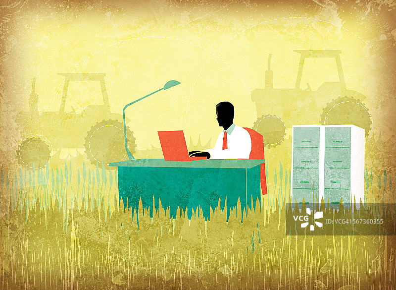 商人使用笔记本电脑在农田工作的插画图片素材