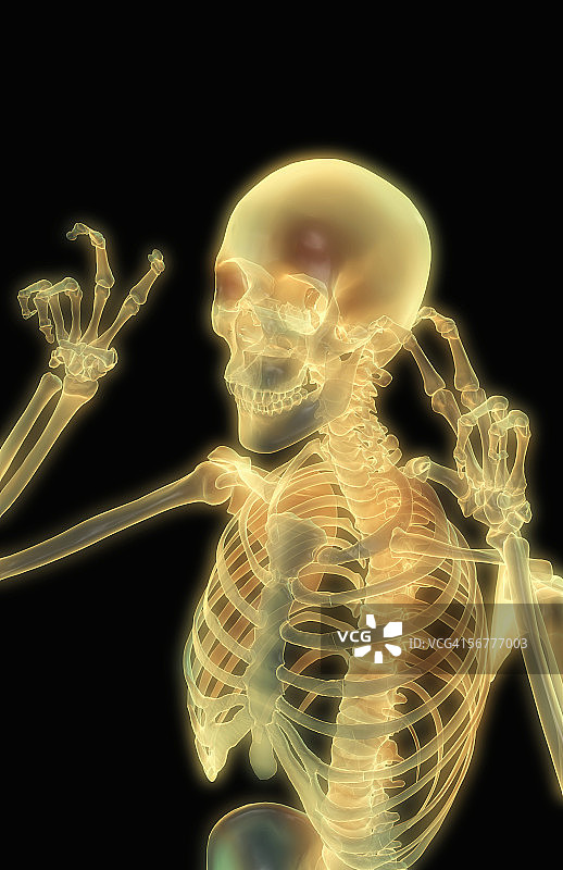 发光X光骨骼的前倾视图，做出手势图片素材
